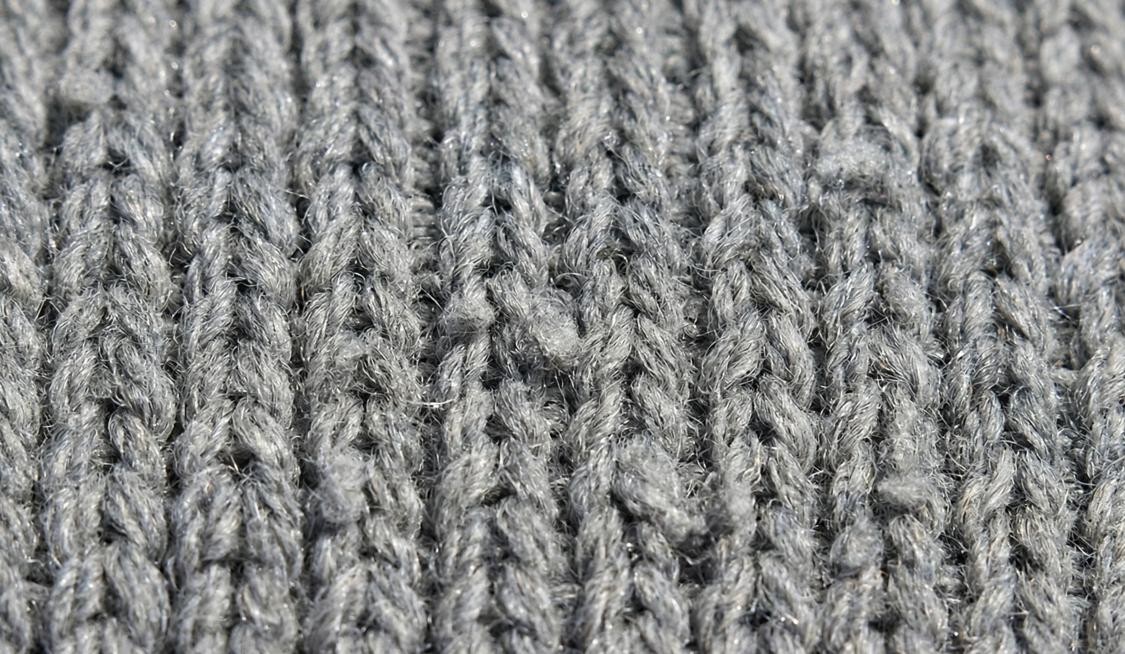 Maglia grigia in acrilico, dettaglio della trama