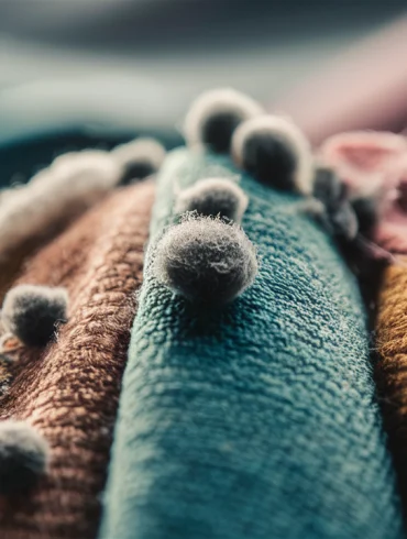 Una fotografia ravvicinata di un campione di tessuto, che mostra una varietà di texture e colori. Il tessuto sembra essere in fase di pilling, con piccole palline pelose che si formano sulla superficie